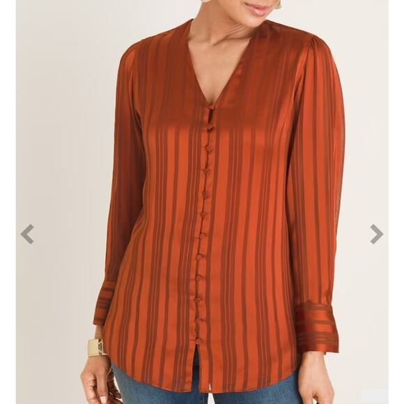 Chico's Rust Orange Shadow-Stripe Neck Tie Long Sleeved Blouse Size US 12/14 - Picture 6 of 7